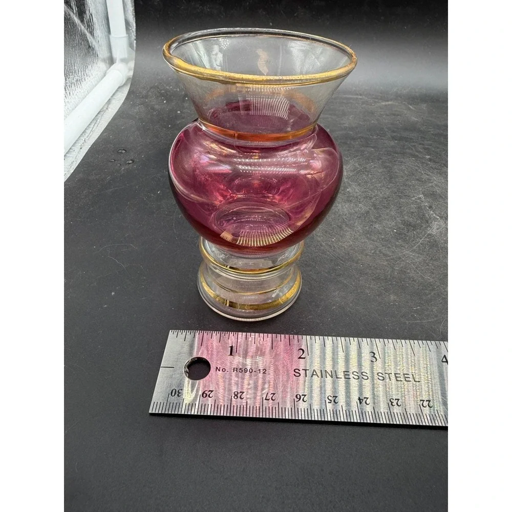 Vintage Cranberry Glass Miniature Bud Vase Gold Gilt Trim Pink Art Glass 4.25in